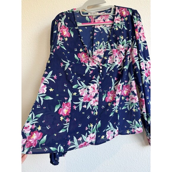 Prospect Women's Blue Pink Floral Blouse Henley V Neck Balloon Sleeve Sheer L - Picture 4 of 11